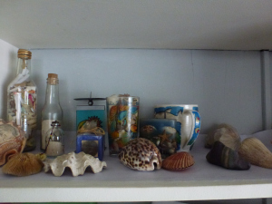 At home, I have a shelf where I keep beach mementos and beach-themed objects that were given to me as gifts